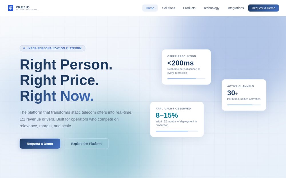 Prezio hyper-personalization platform homepage, showing the headline 'Right Person. Right Price. Right Now.' with live offer-resolution metrics